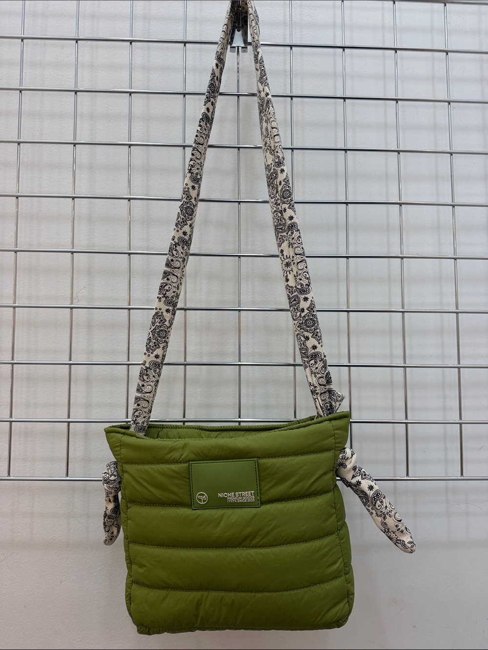 Olive Green Quilted Nylon Puffer Crossbody Bag